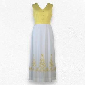 Vintage 1960s Edith Flagg Yellow Crimplene Maxi Dress Embroidered Vintage Size 8